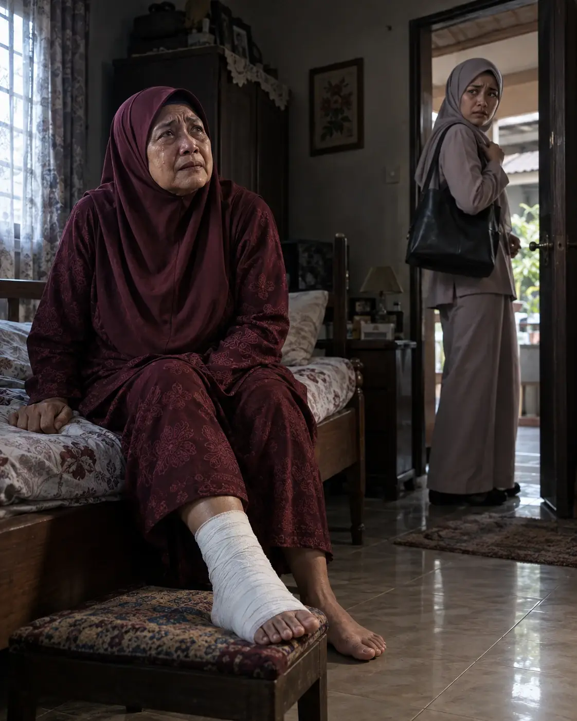 Ilustrasi ibu Melayu dengan kaki berbalut jelas di bangku,wajah cemas memandang anak yang hendak keluar bekerja