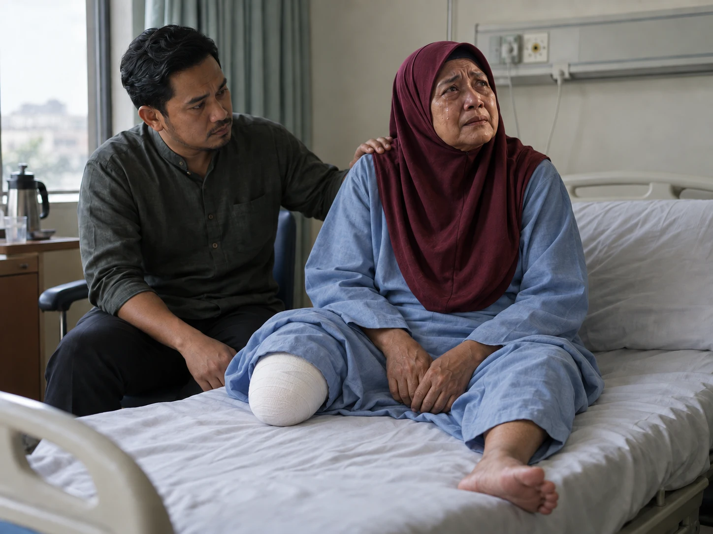 Ibu yang sama seperti visual pembukaan,selepas amputasi bawah lutut kanan,ditemani anak lelaki di hospital