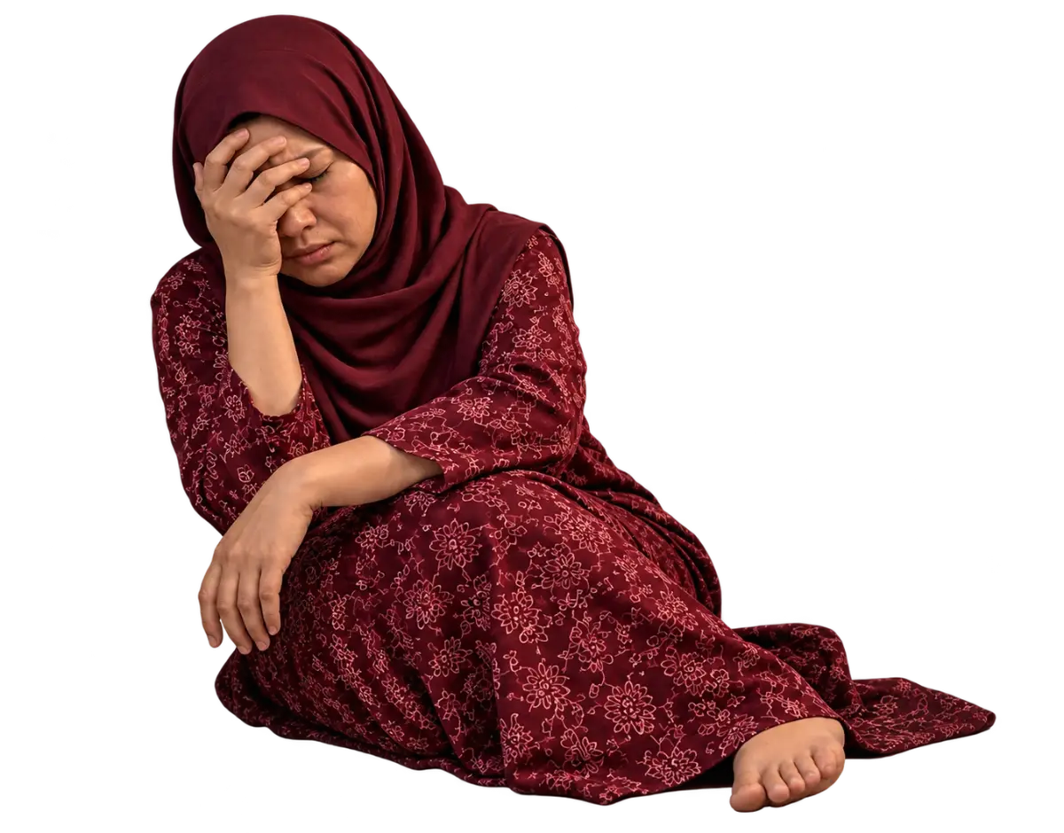 Anak perempuan yang menjaga ibunya terduduk tanpa tenaga dan menutup muka akibat tekanan emosi