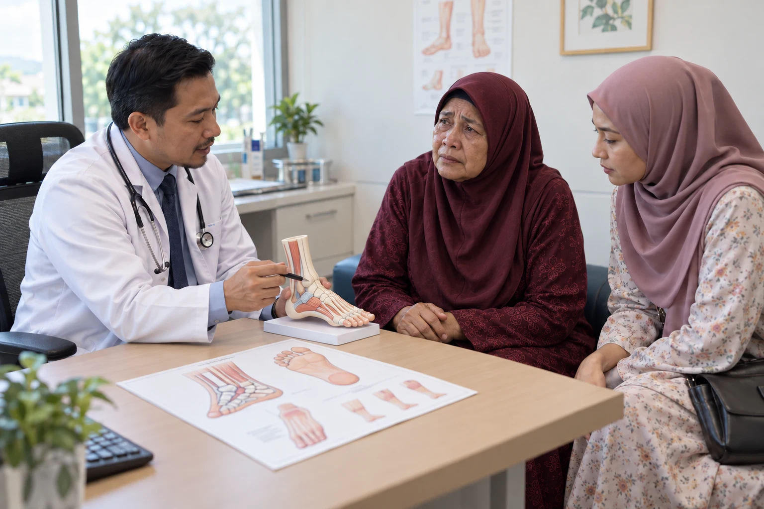Doktor menerangkan rutin penjagaan kaki kepada ibu dan anak perempuan yang sama