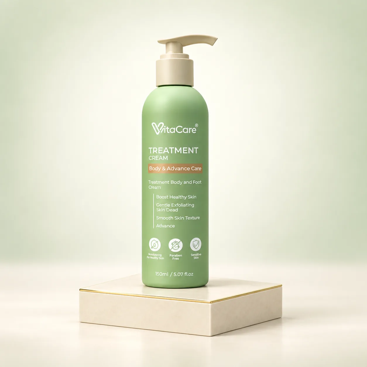 Set Trial dengan satu botol Vitacare di atas platform premium