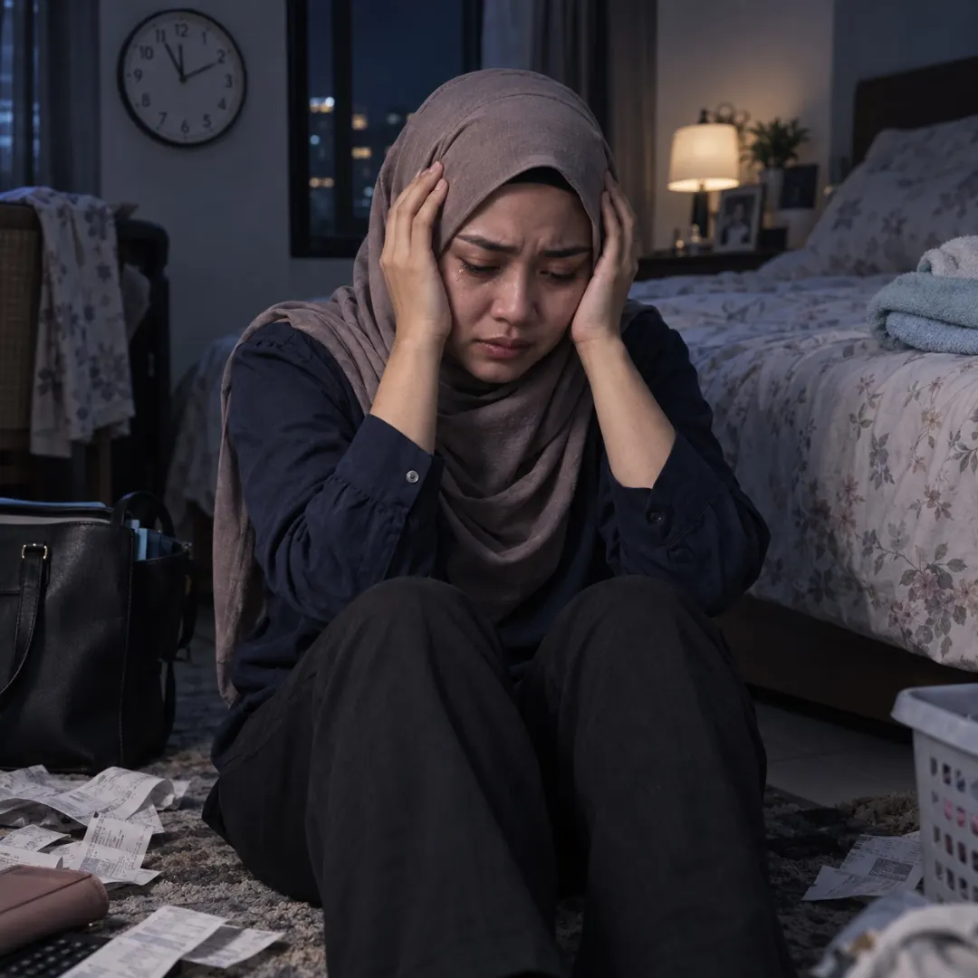 Anak perempuan menekup kepala dengan wajah tertekan, dihimpit beban masa, tenaga, duit dan emosi ketika menjaga ibu.