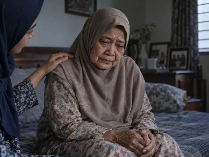 Ilustrasi ibu yang sedih dan berasa menjadi beban kepada anak