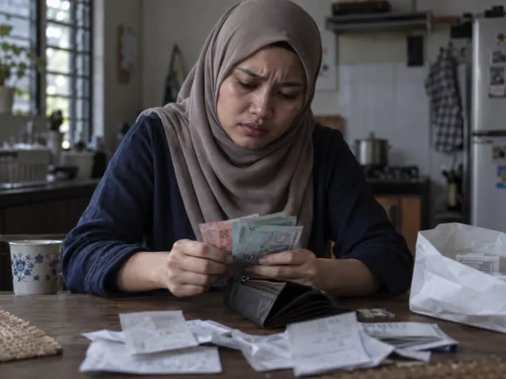 Ilustrasi anak mengira baki wang untuk belanja rawatan