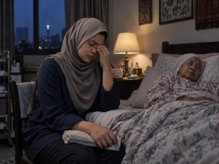 Ilustrasi anak yang kurang tidur menjaga ibu pada waktu malam