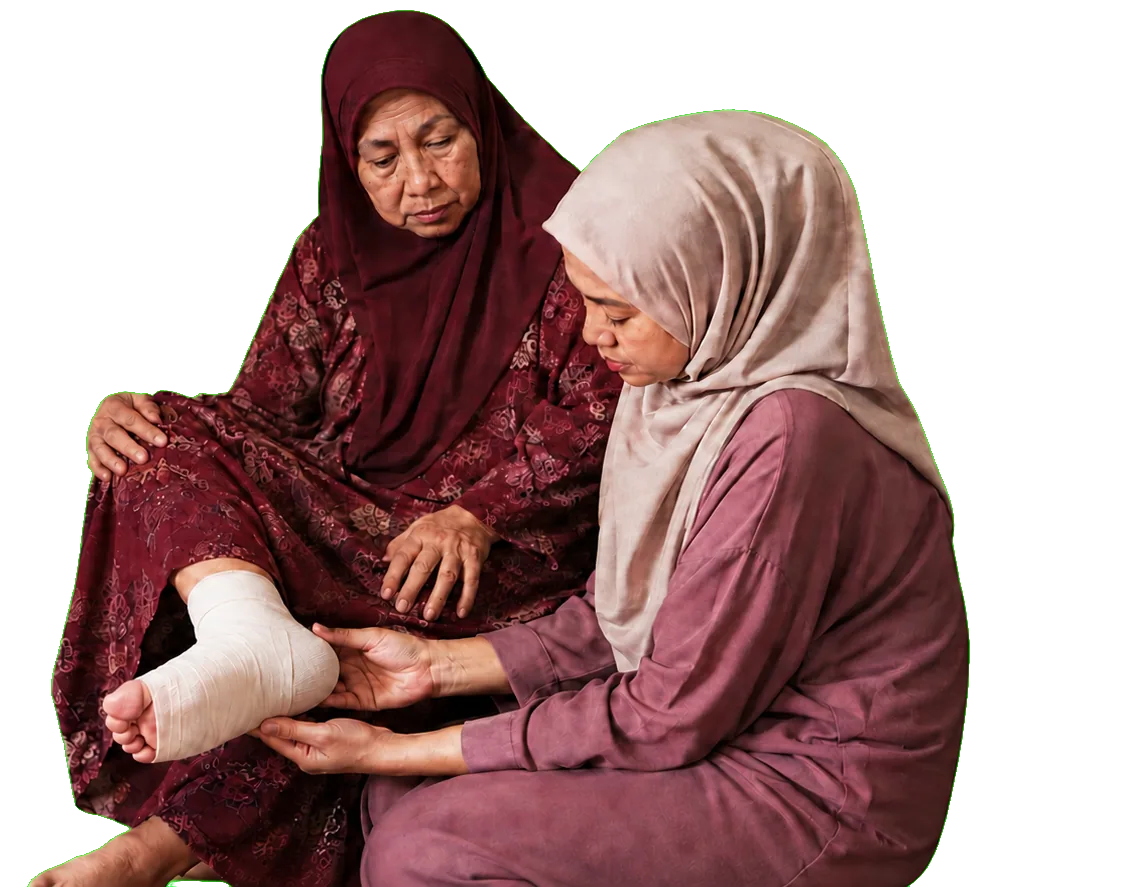 Seorang anak membantu memeriksa kaki ibunya yang berbalut