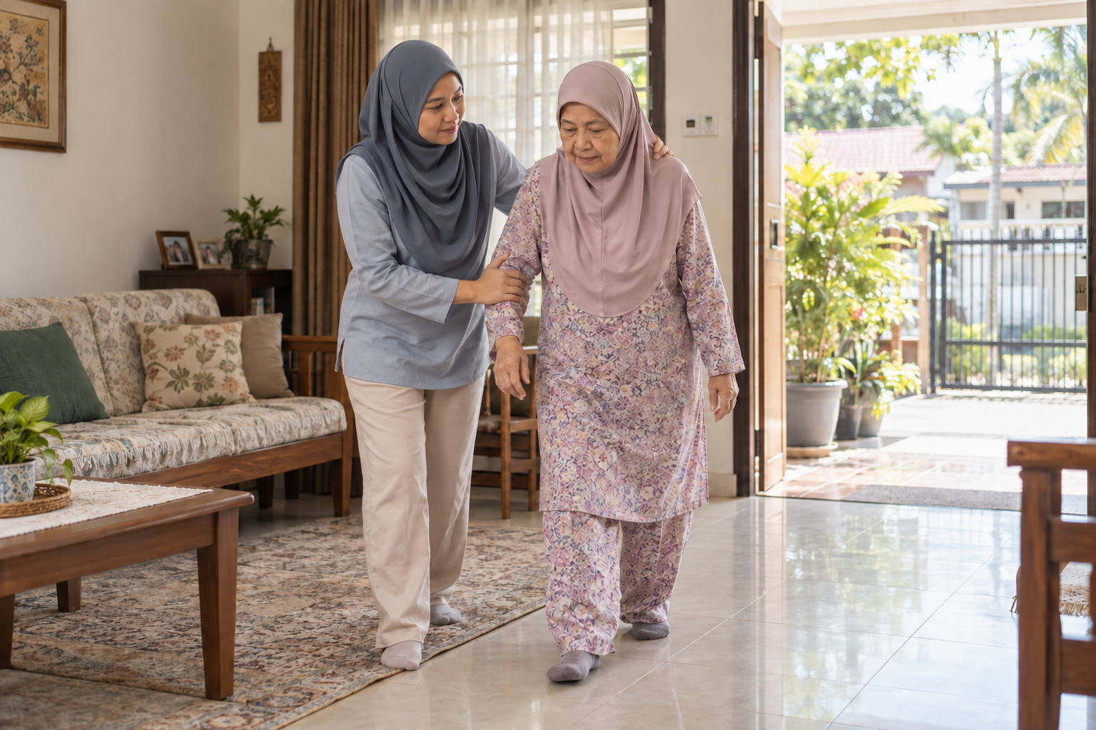 Ilustrasi representatif ahli keluarga membantu warga emas berjalan di rumah; bukan foto pelanggan.